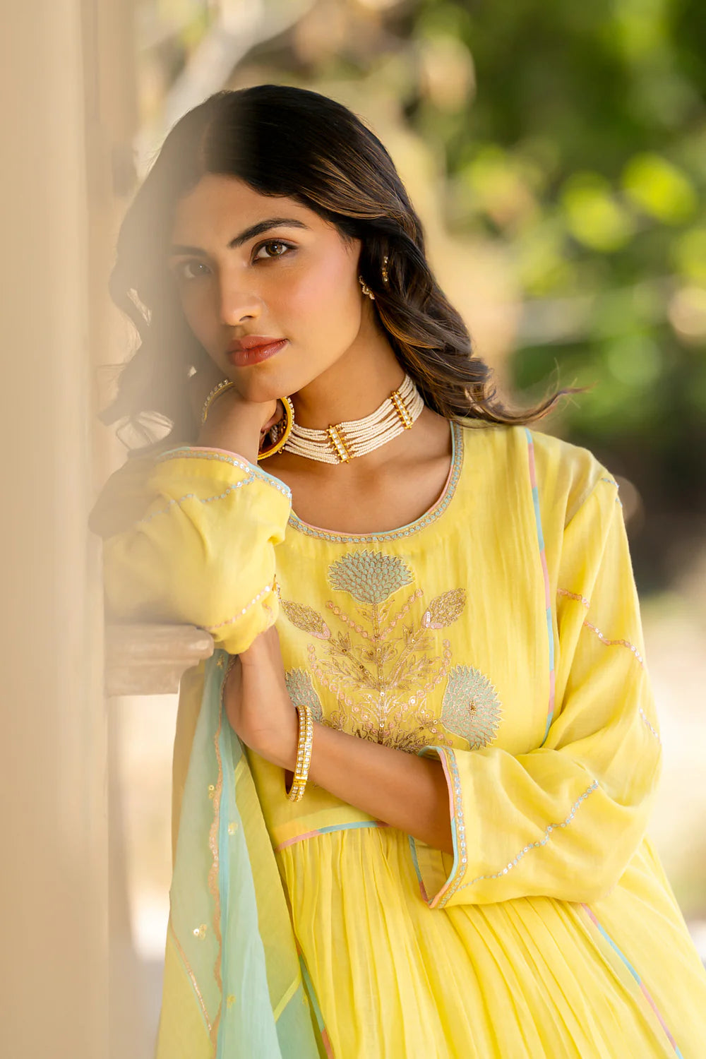 Pastel Yellow Poppy Motif A-line Kurta Set