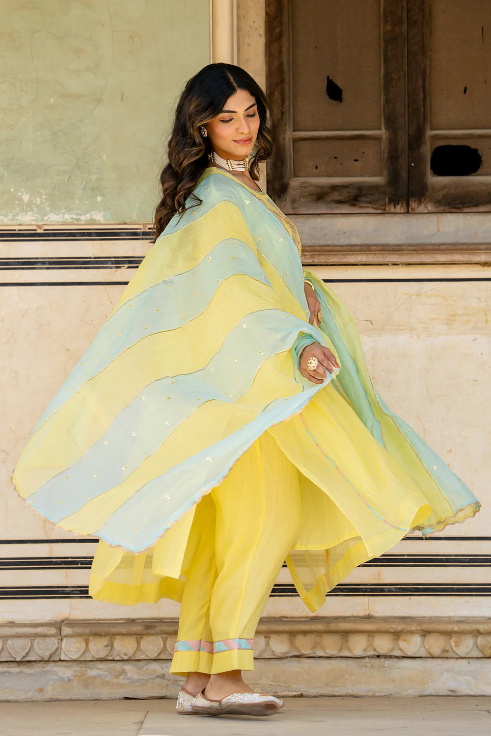 Pastel Yellow Poppy Motif A-line Kurta Set