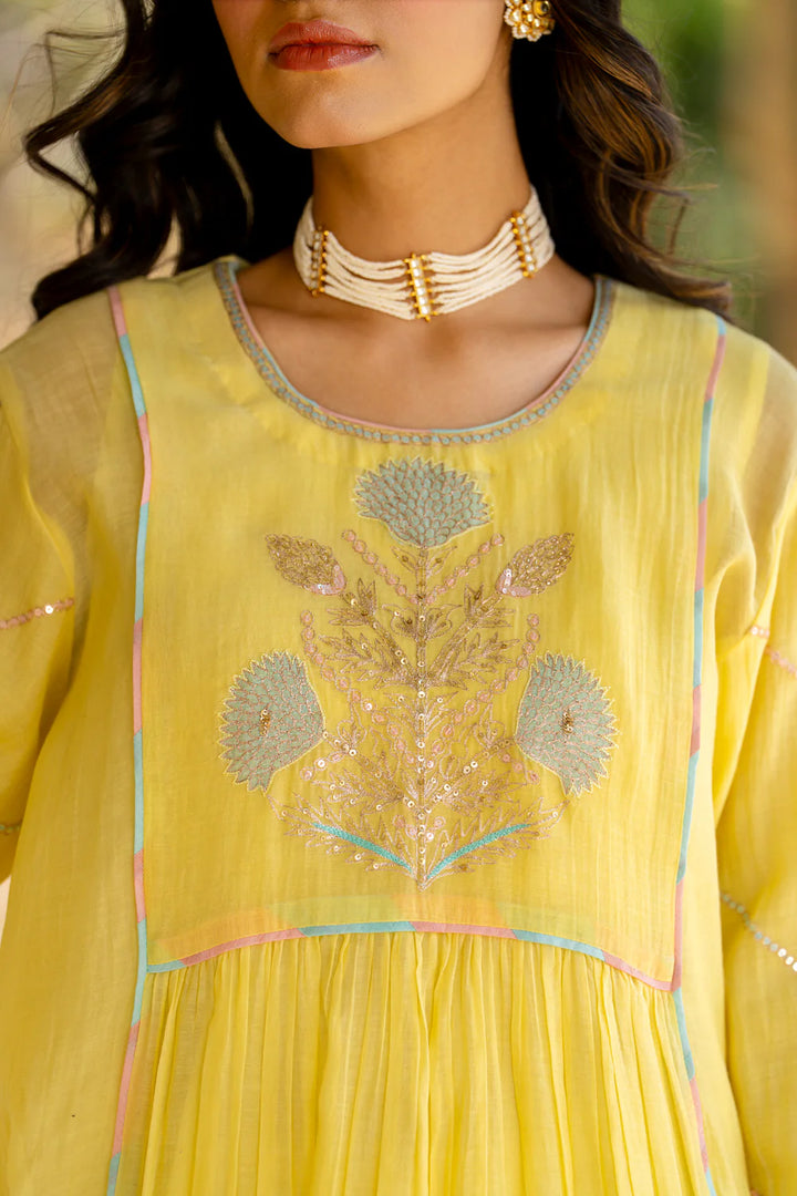 Pastel Yellow Poppy Motif A-line Kurta Set