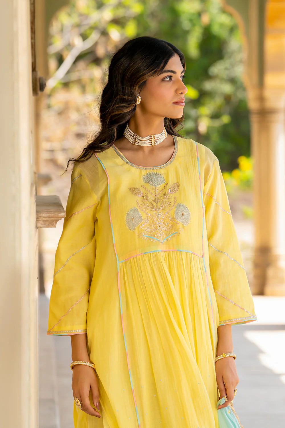 Pastel Yellow Poppy Motif A-line Kurta Set