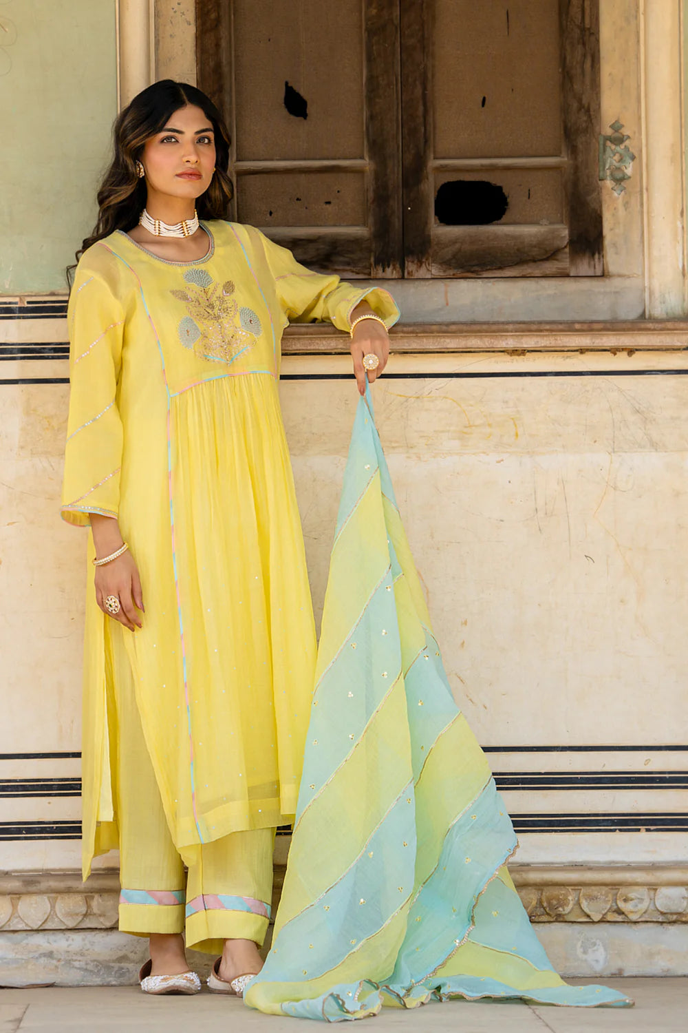 Pastel Yellow Poppy Motif A-line Kurta Set