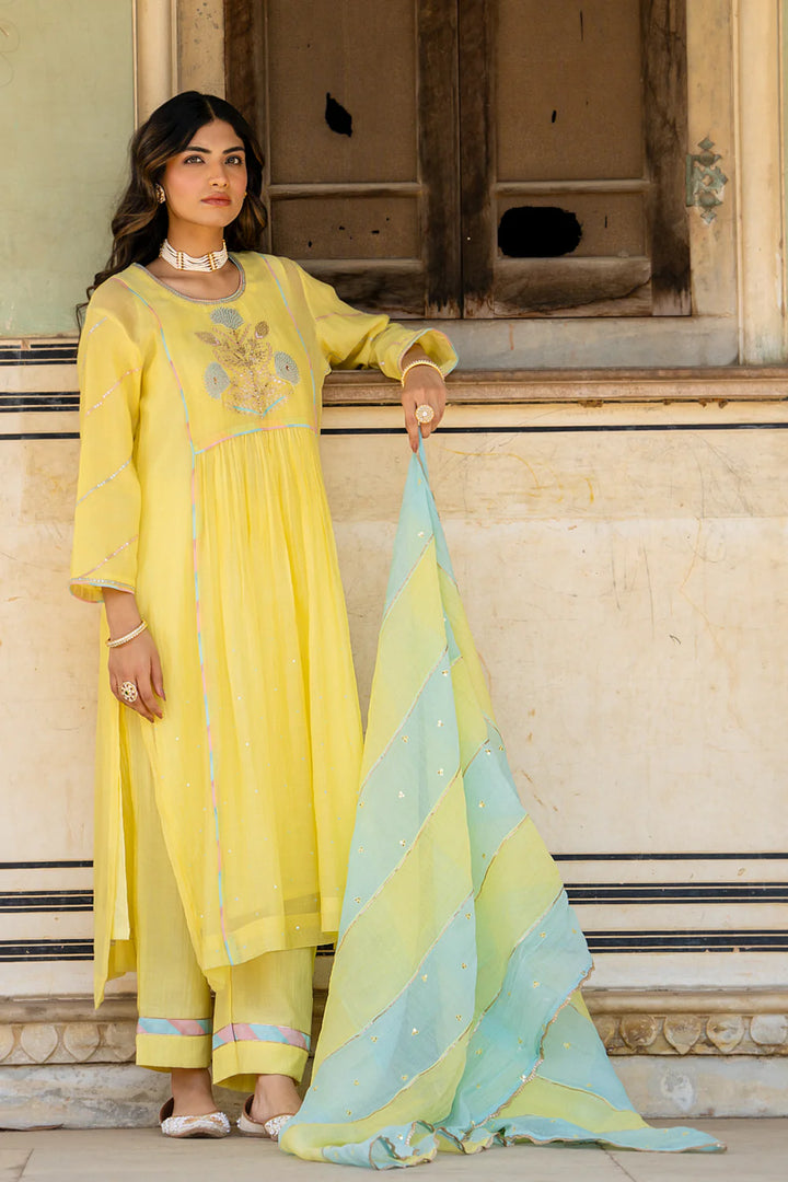Pastel Yellow Poppy Motif A-line Kurta Set