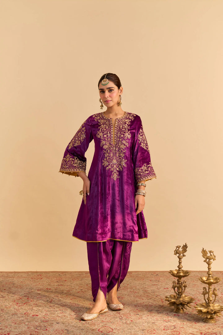 Eira - Velvet Deep Purple A-line Kurta With Dhoti