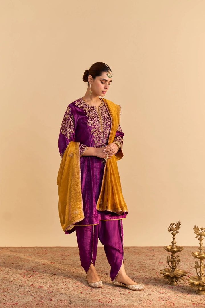 Eira - Velvet Deep Purple A-line Kurta With Dhoti