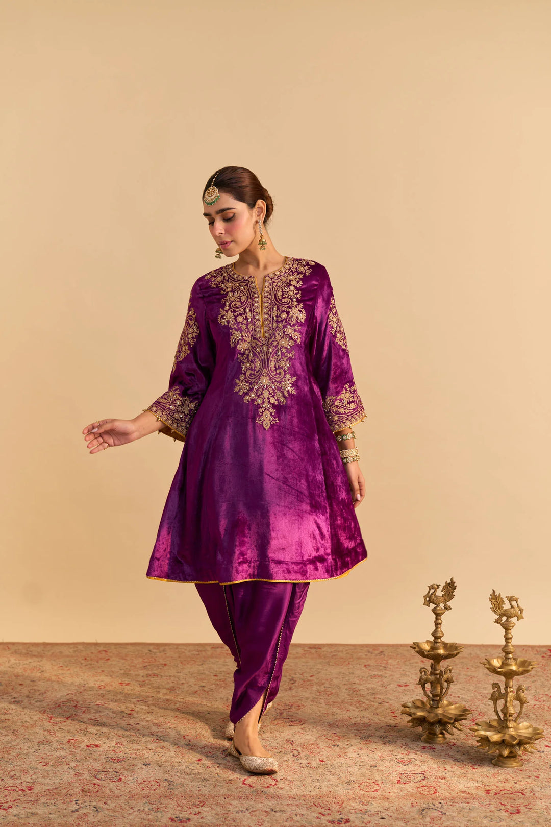 Eira - Velvet Deep Purple A-line Kurta With Dhoti