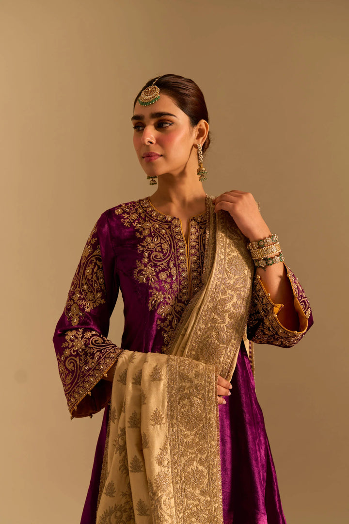 Eira - Velvet Deep Purple A-line Kurta With Dhoti