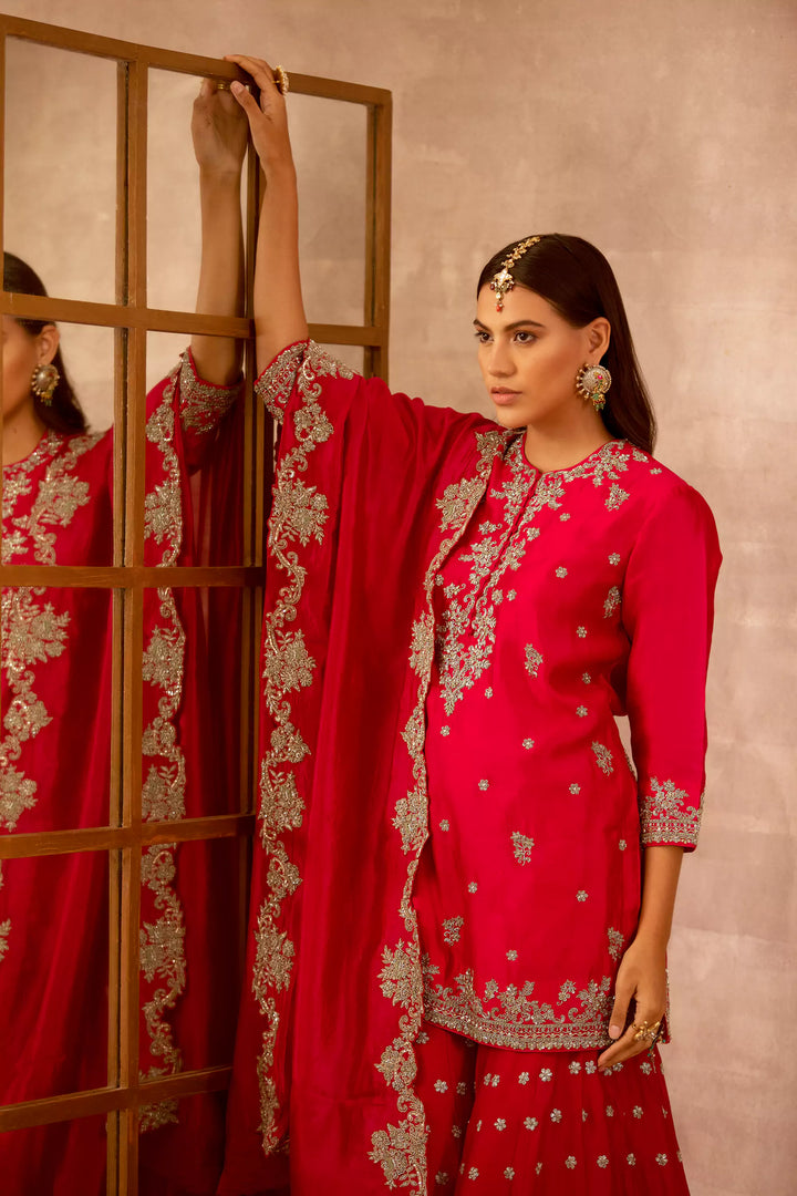 Red Embroidered Sharara Set