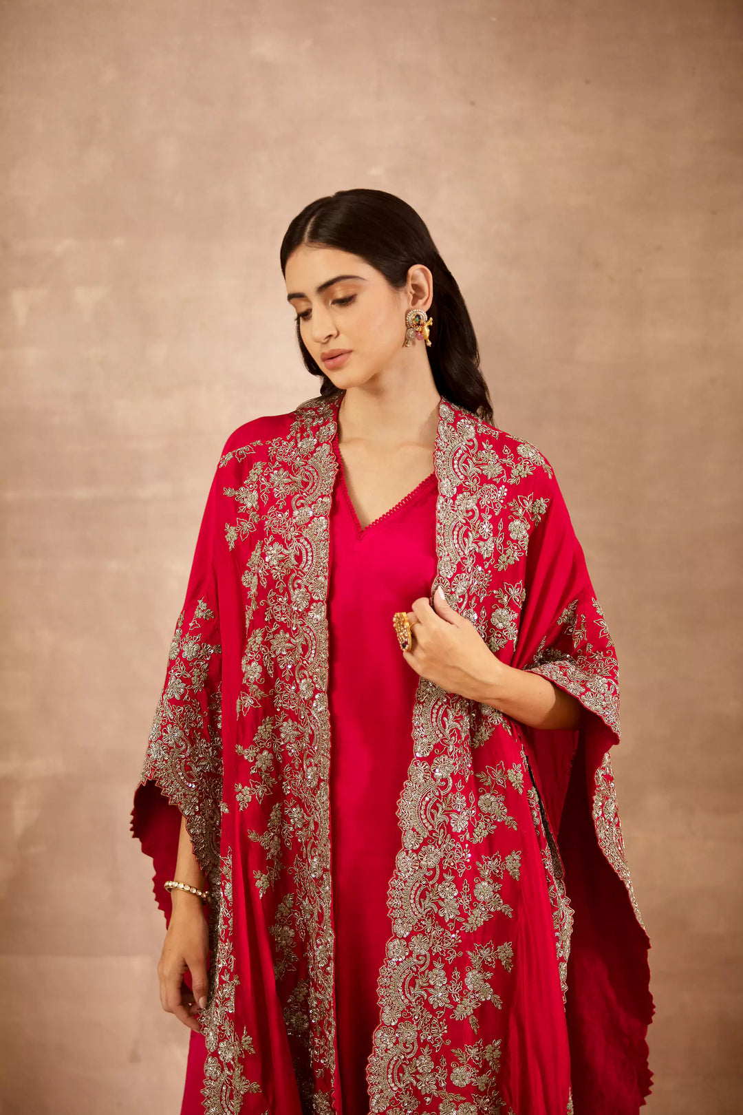 Red Embroidered Cape Set