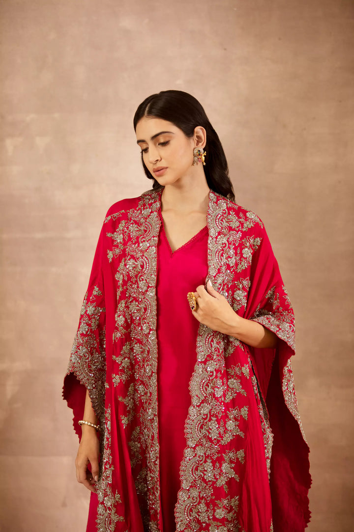 Red Embroidered Cape Set