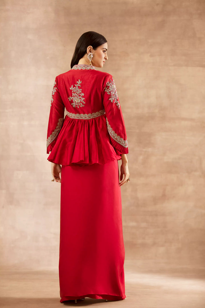 Red Embroidered Peplum Set