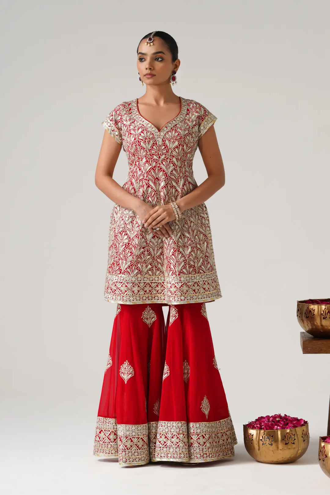 Dilruba - Short Kurta Sharara Set - Red