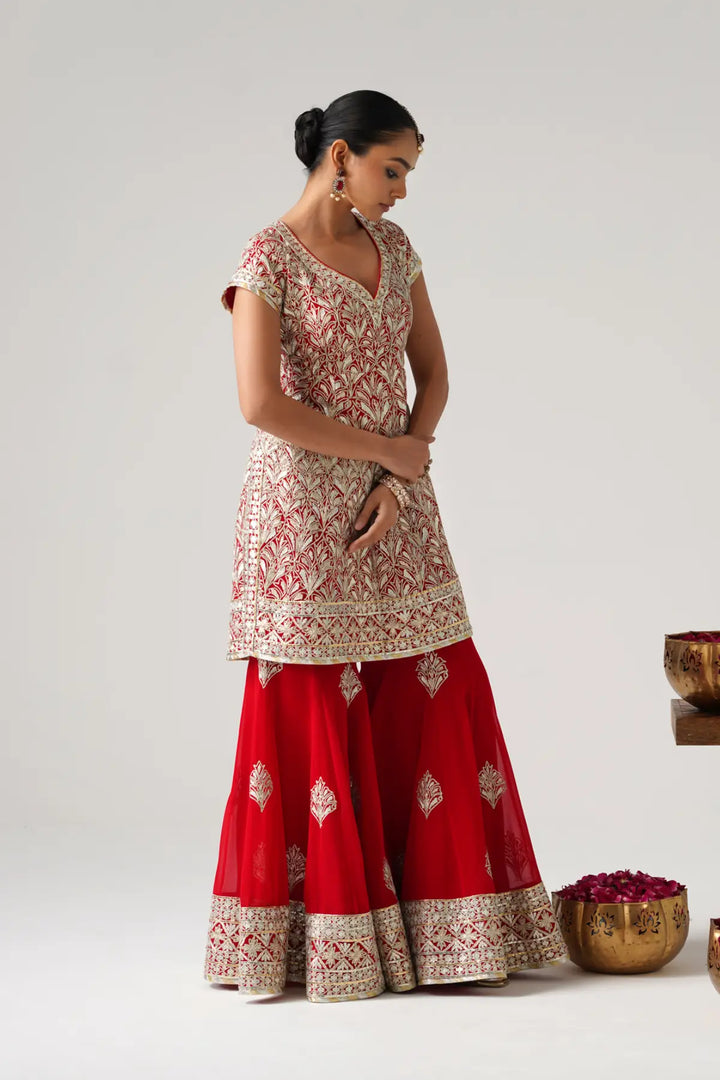 Dilruba - Short Kurta Sharara Set - Red