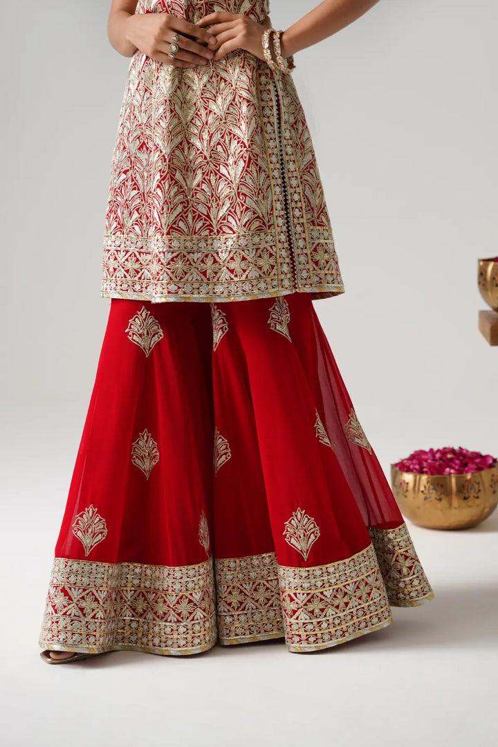 Dilruba - Short Kurta Sharara Set - Red