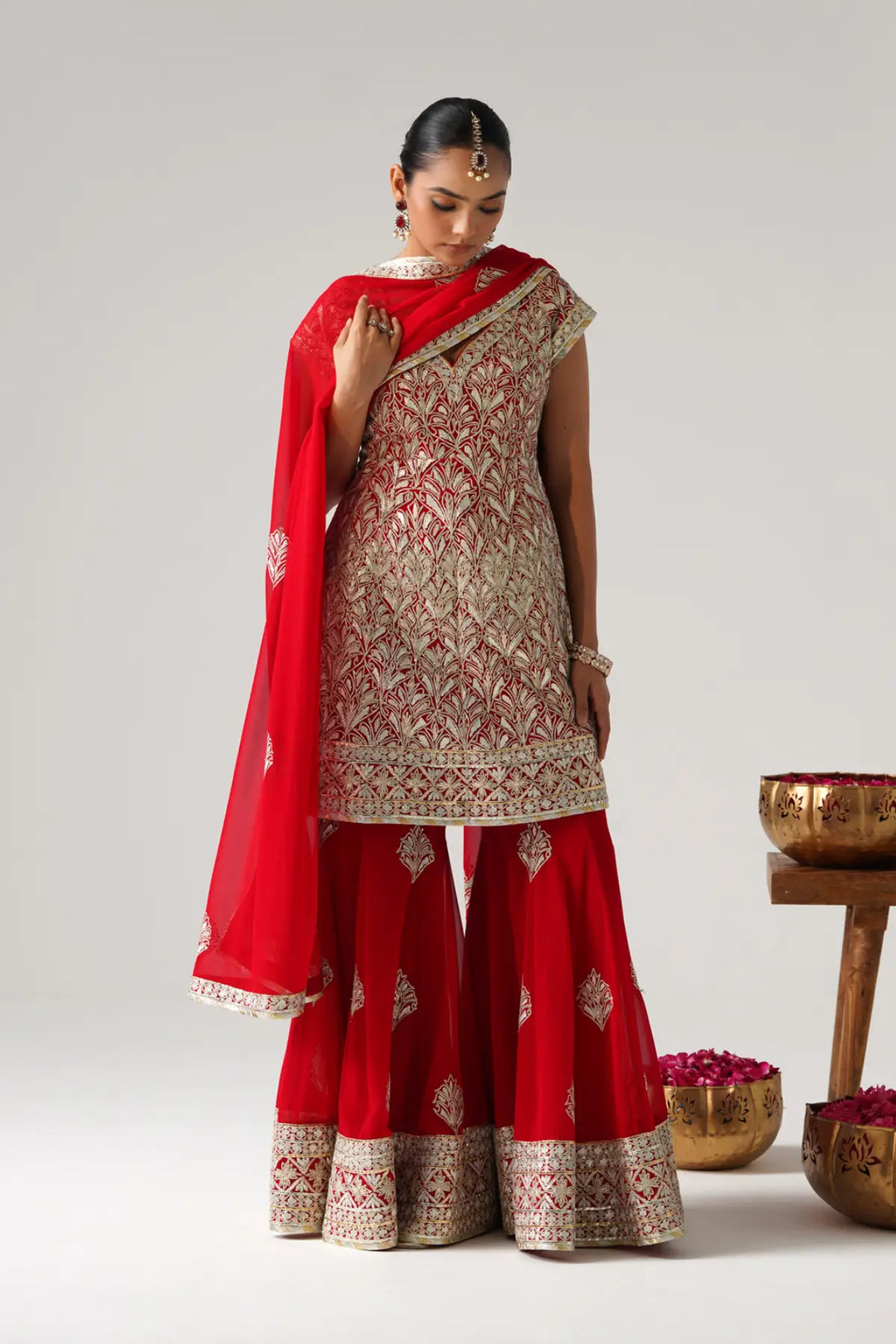 Dilruba - Short Kurta Sharara Set - Red
