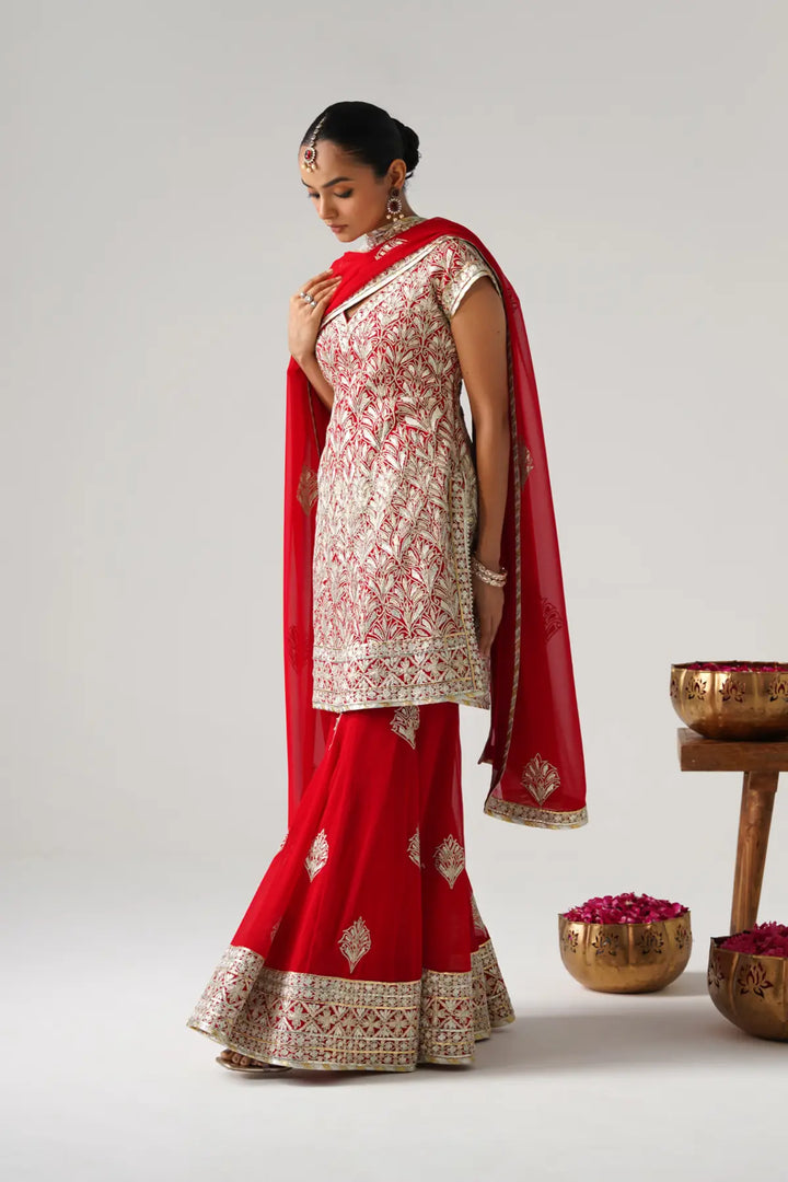 Dilruba - Short Kurta Sharara Set - Red