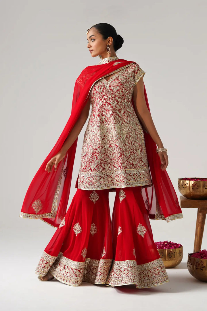 Dilruba - Short Kurta Sharara Set - Red
