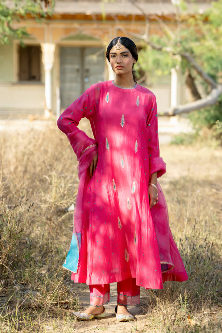 Rani Firozi Khajur Booti Anarkali Suit Set