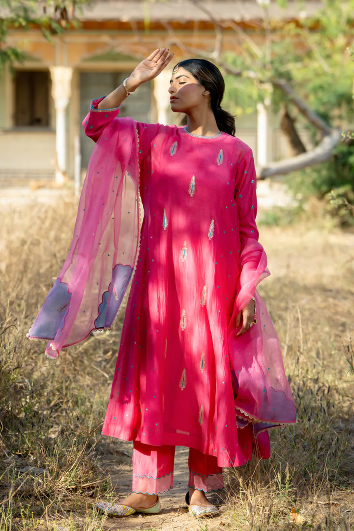 Rani Firozi Khajur Booti Anarkali Suit Set