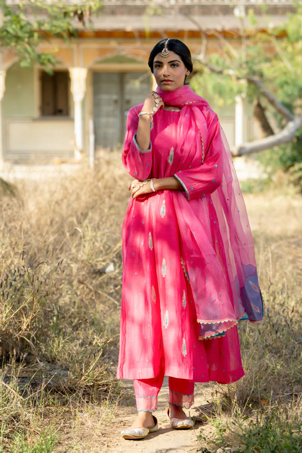 Rani Firozi Khajur Booti Anarkali Suit Set