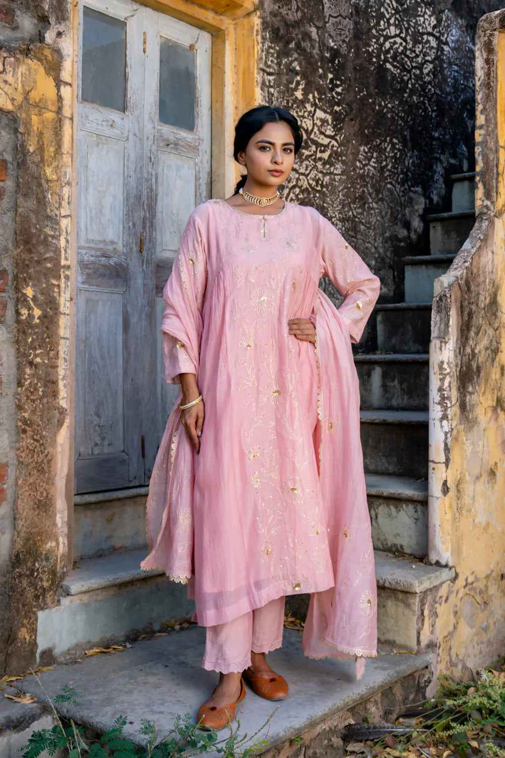 Rose Gold Floral Jaal A-line Kurta Set