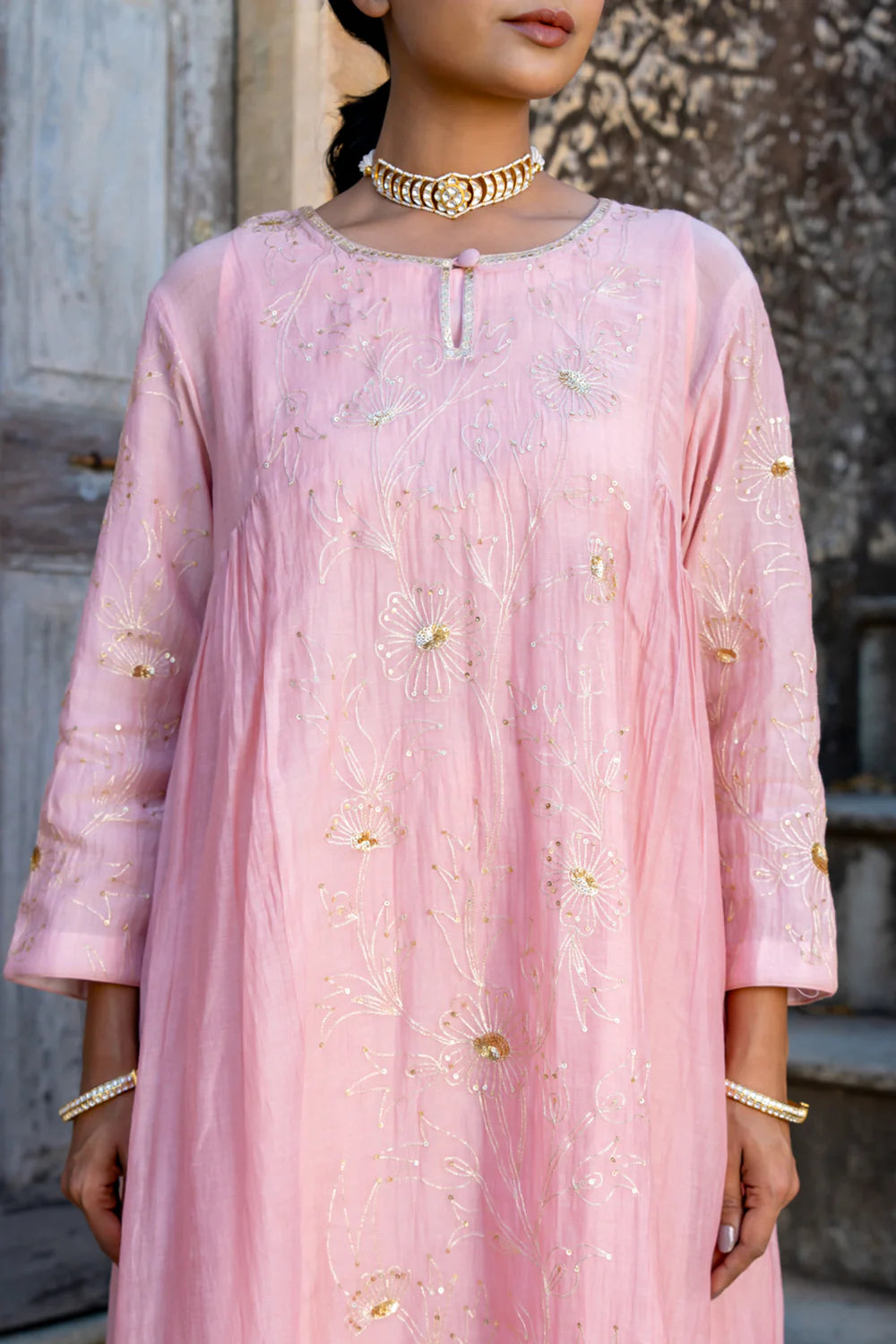Rose Gold Floral Jaal A-line Kurta Set