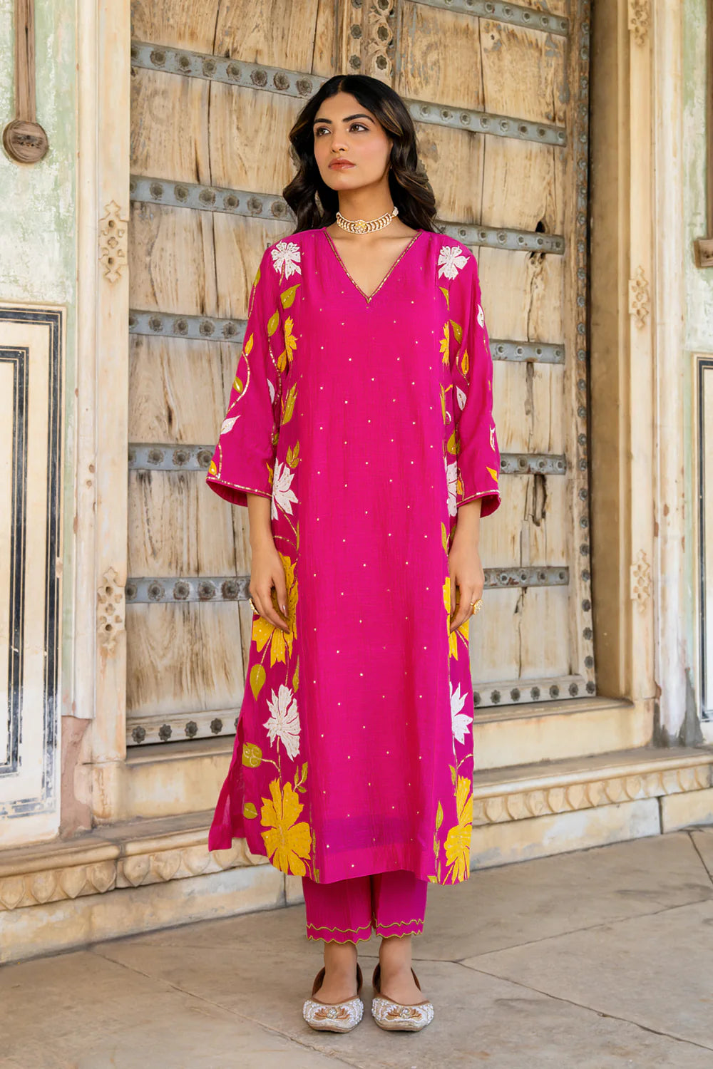 Rani Pink Appliqué Floral A-line Kurta Set