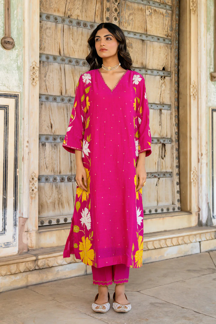 Rani Pink Appliqué Floral A-line Kurta Set