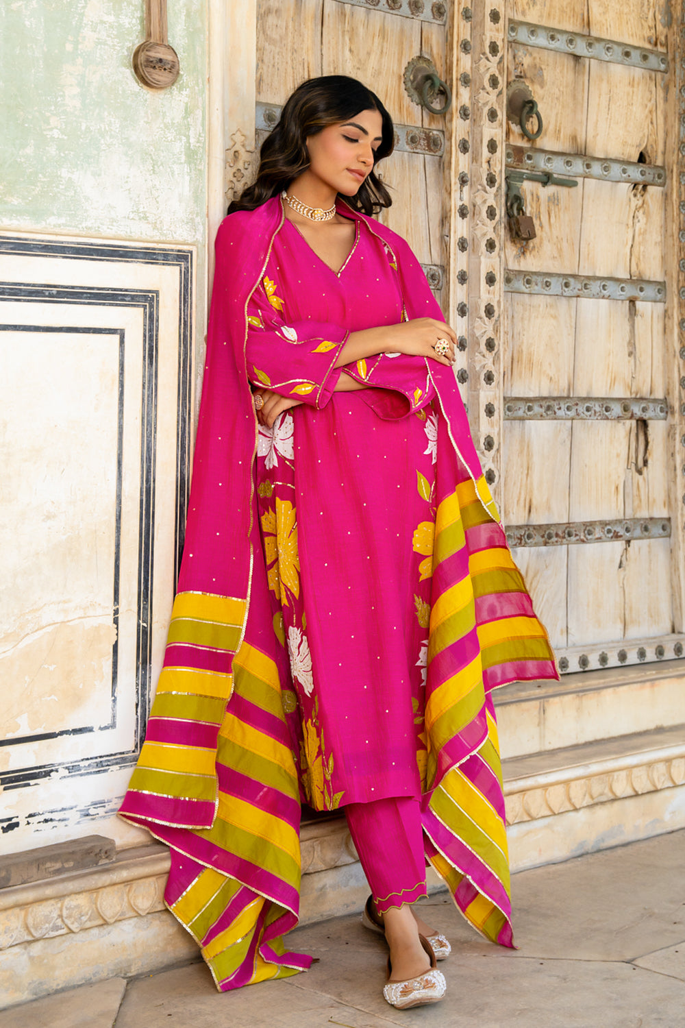 Rani Pink Appliqué Floral A-line Kurta Set