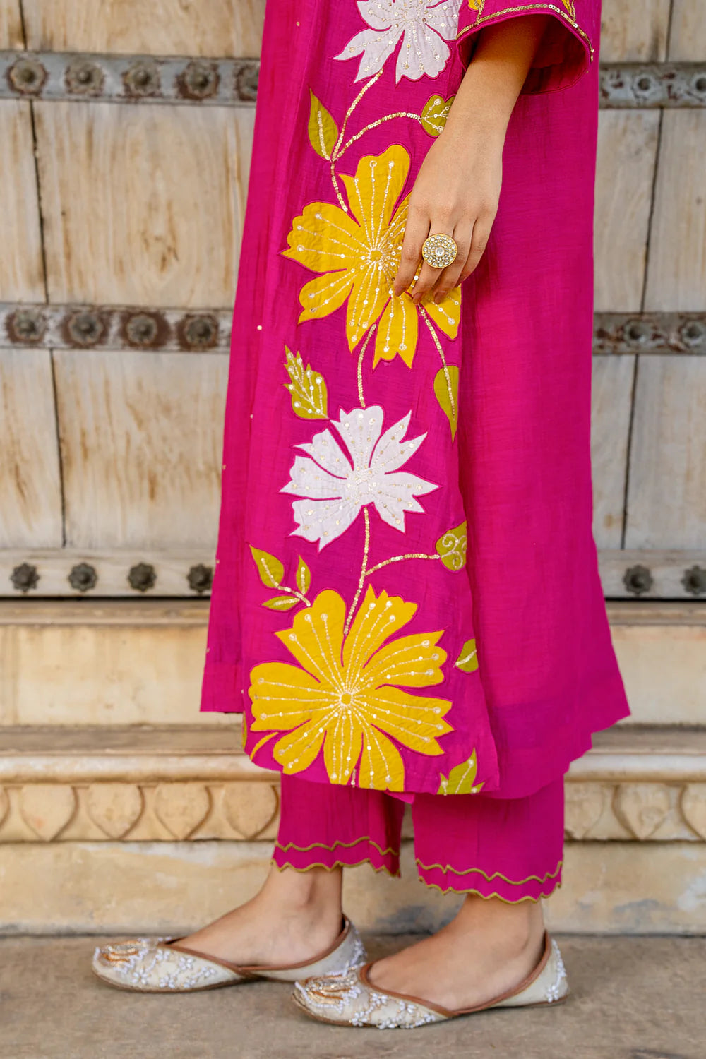 Rani Pink Appliqué Floral A-line Kurta Set