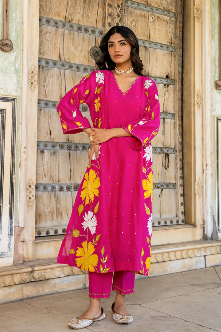 Rani Pink Appliqué Floral A-line Kurta Set