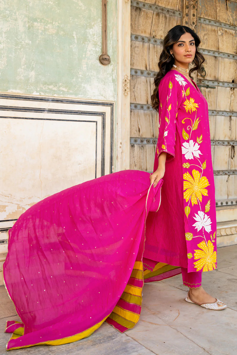 Rani Pink Appliqué Floral A-line Kurta Set