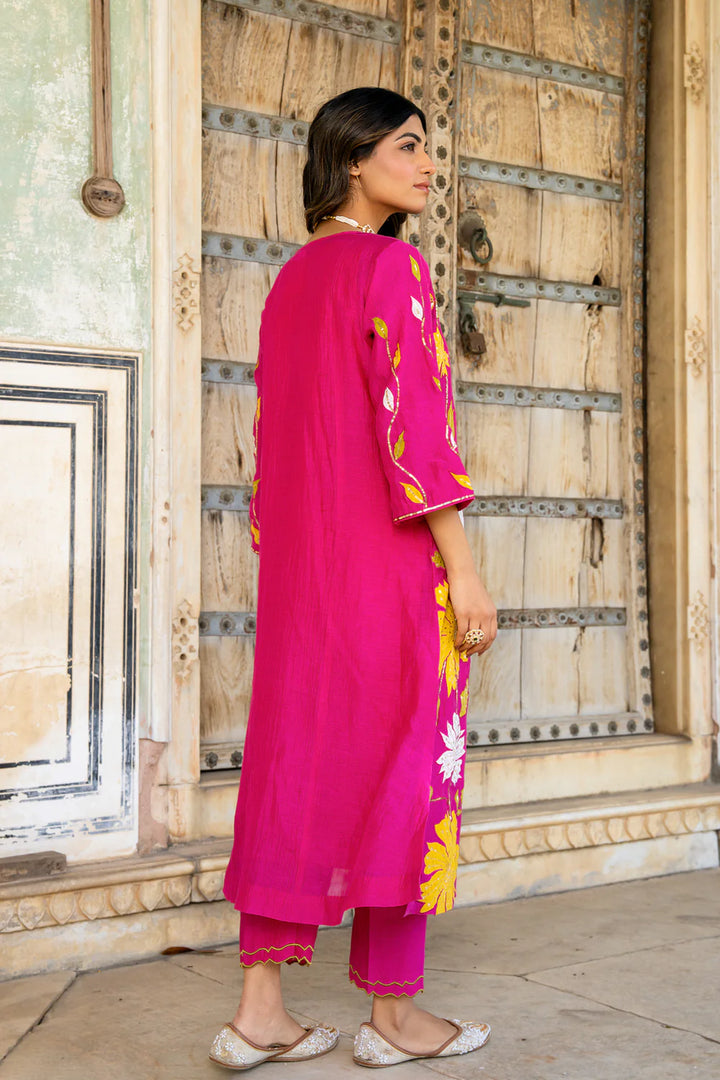 Rani Pink Appliqué Floral A-line Kurta Set