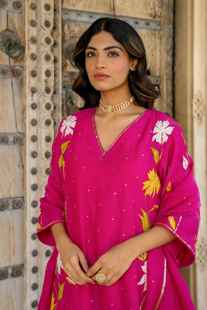 Rani Pink Appliqué Floral A-line Kurta Set