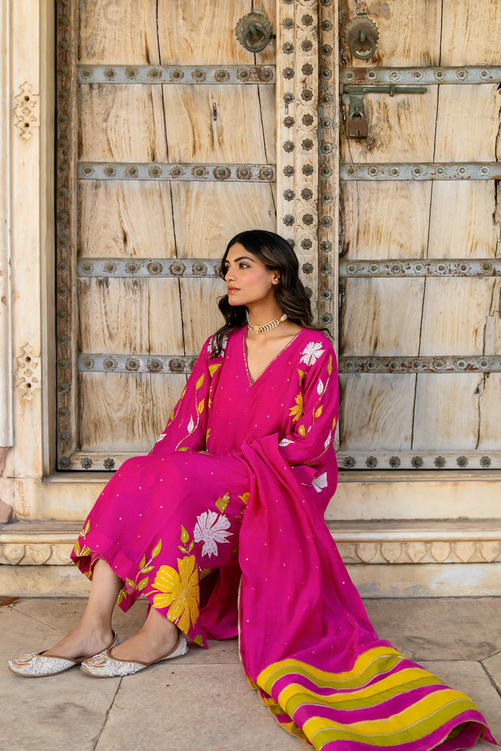 Rani Pink Appliqué Floral A-line Kurta Set