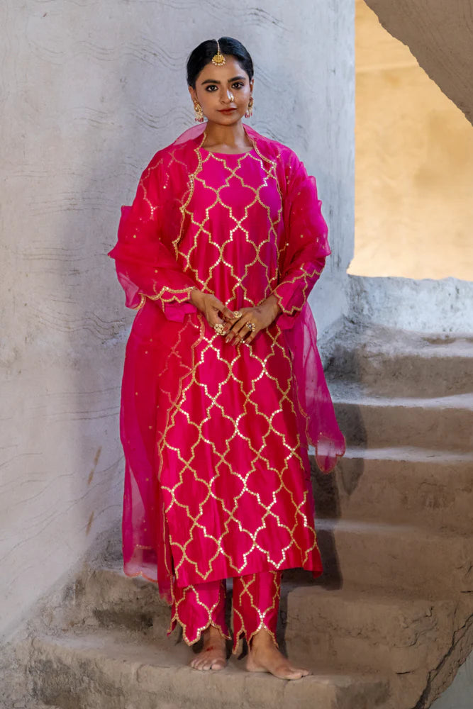 Rani Pink Jaal Straight Kurta Set