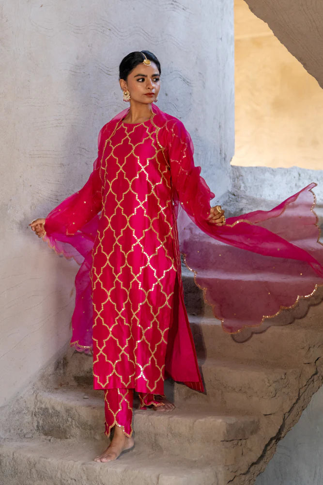 Rani Pink Jaal Straight Kurta Set