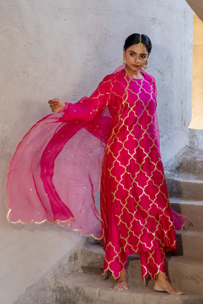 Rani Pink Jaal Straight Kurta Set