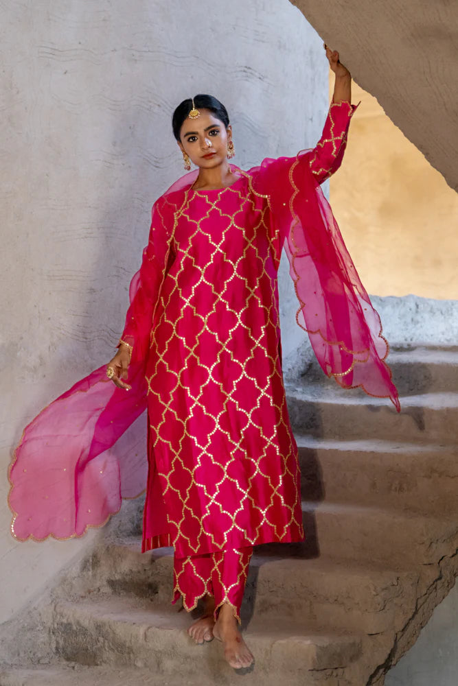 Rani Pink Jaal Straight Kurta Set