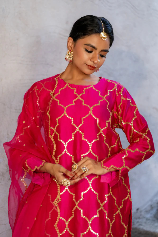 Rani Pink Jaal Straight Kurta Set