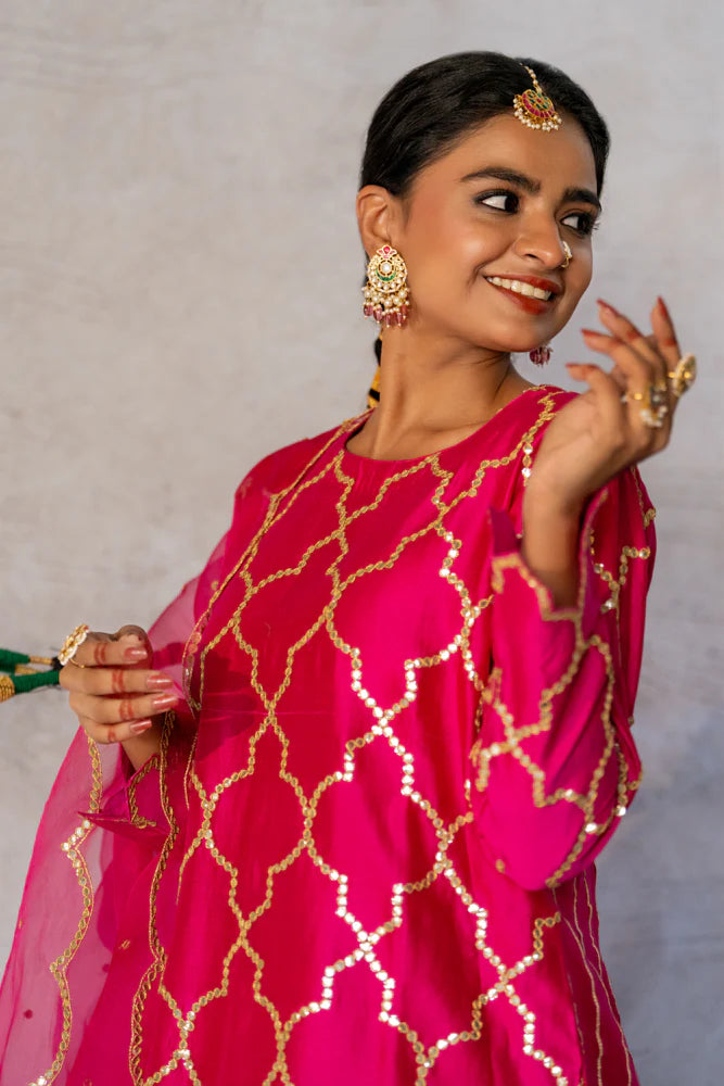 Rani Pink Jaal Straight Kurta Set