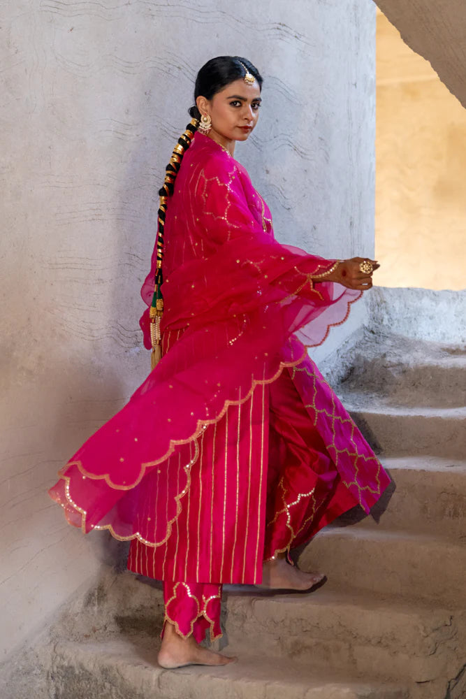 Rani Pink Jaal Straight Kurta Set