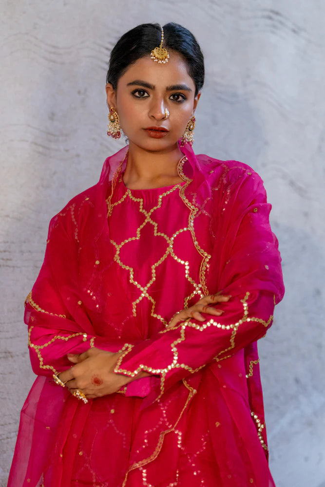 Rani Pink Jaal Straight Kurta Set