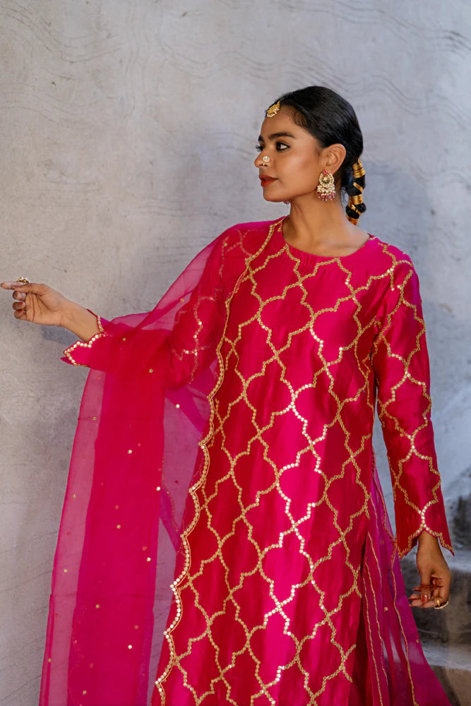Rani Pink Jaal Straight Kurta Set