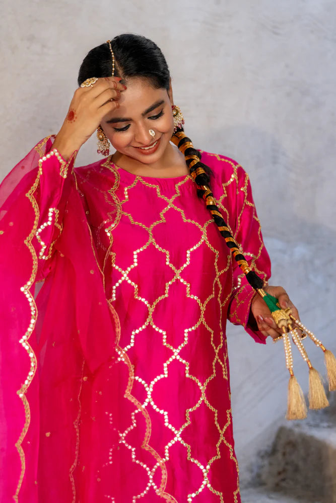 Rani Pink Jaal Straight Kurta Set