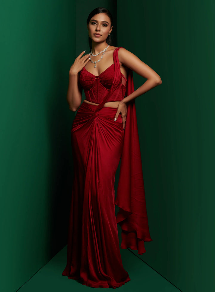 Red Structured Double Corset With Front Knot Skirt and Drape
