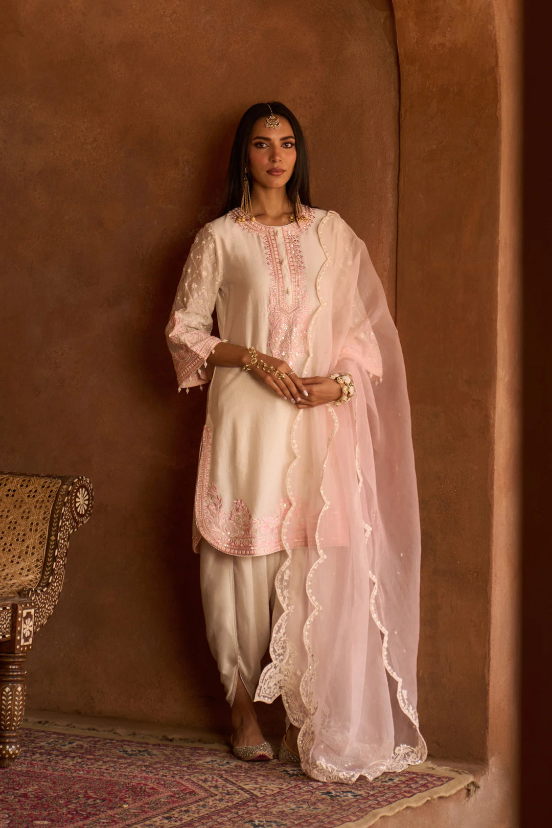 Ruhi - Daisy Ivory With Pink Short Kurta And Dhoti