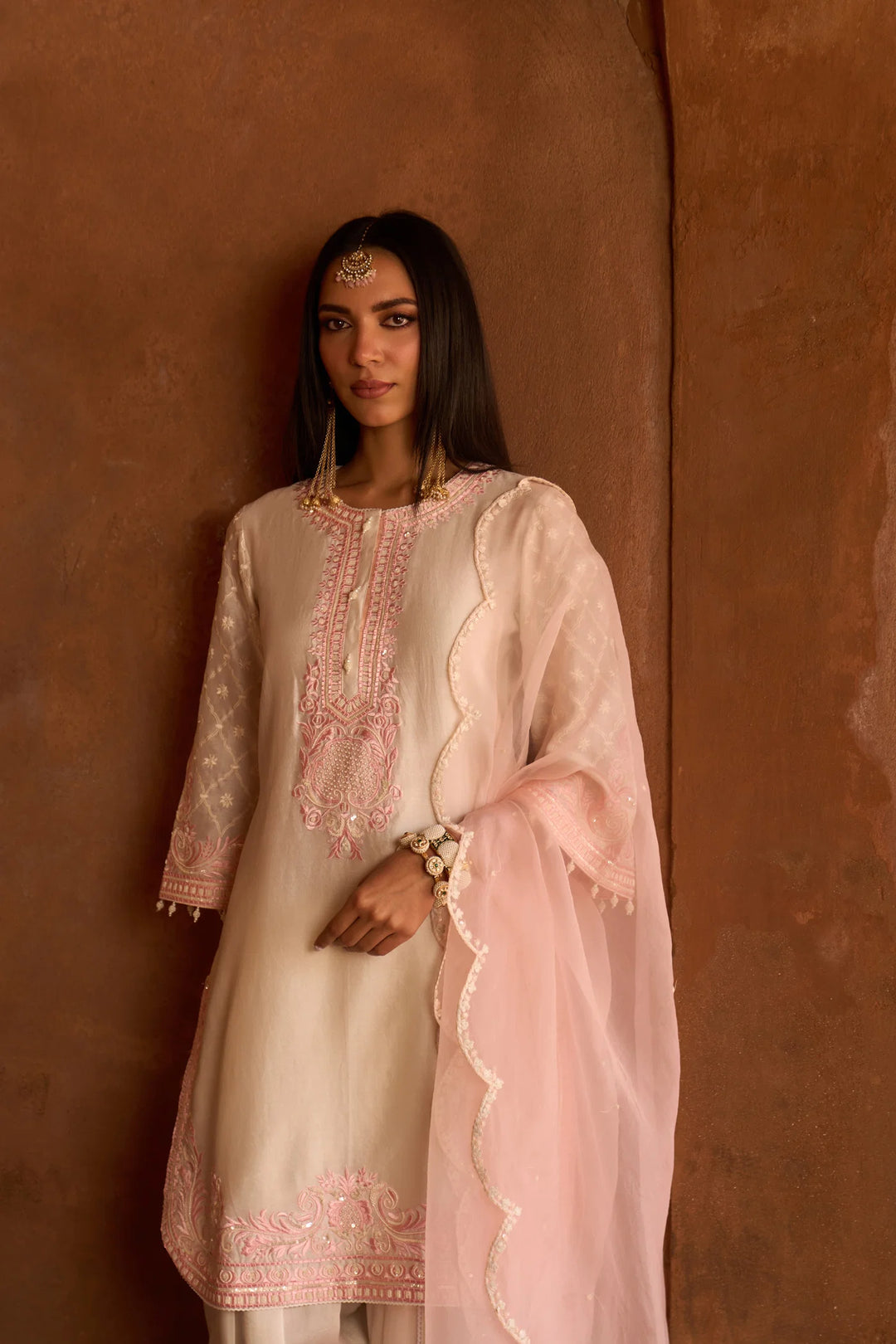 Ruhi - Daisy Ivory With Pink Short Kurta And Dhoti