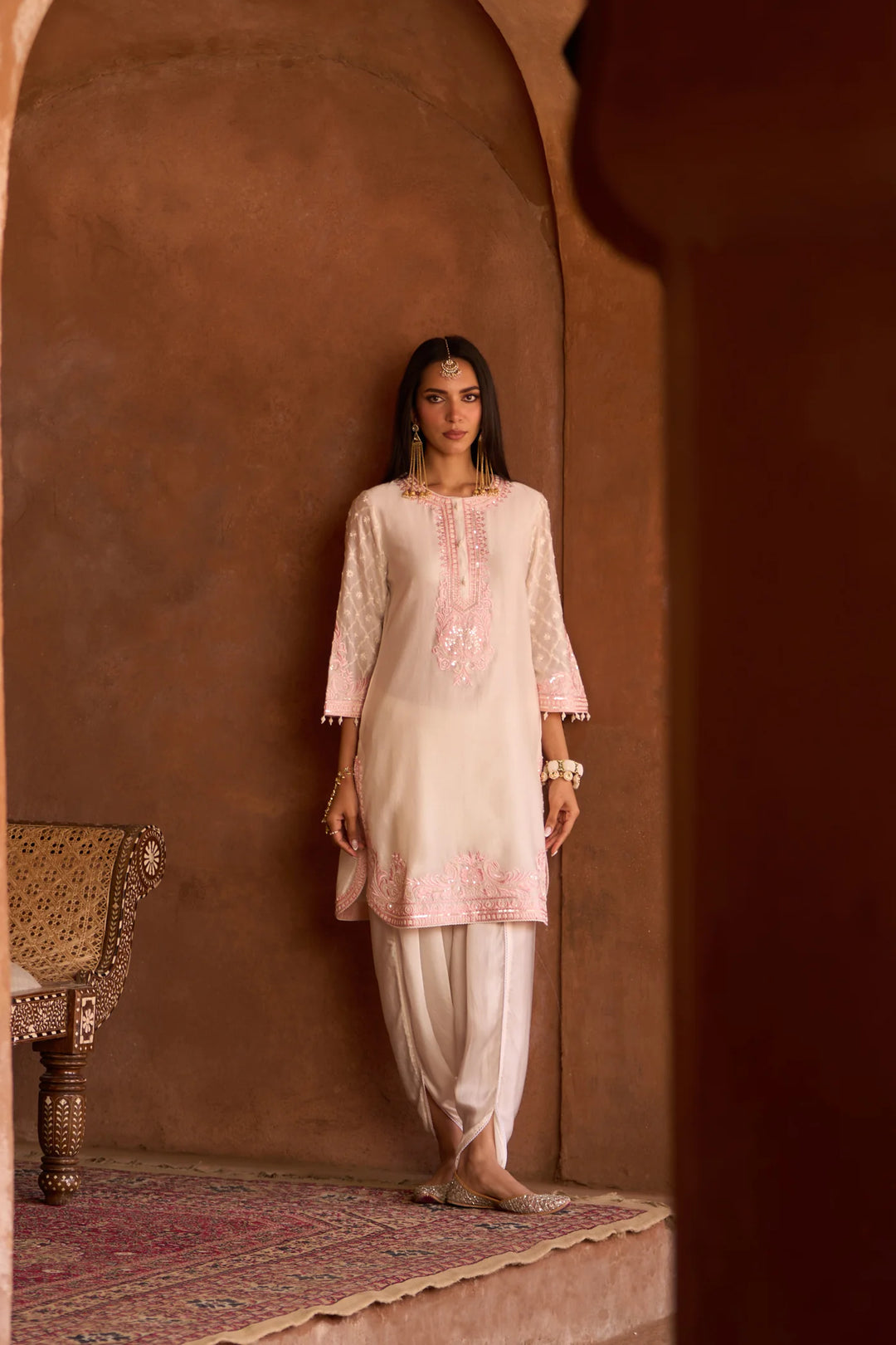 Ruhi - Daisy Ivory With Pink Short Kurta And Dhoti