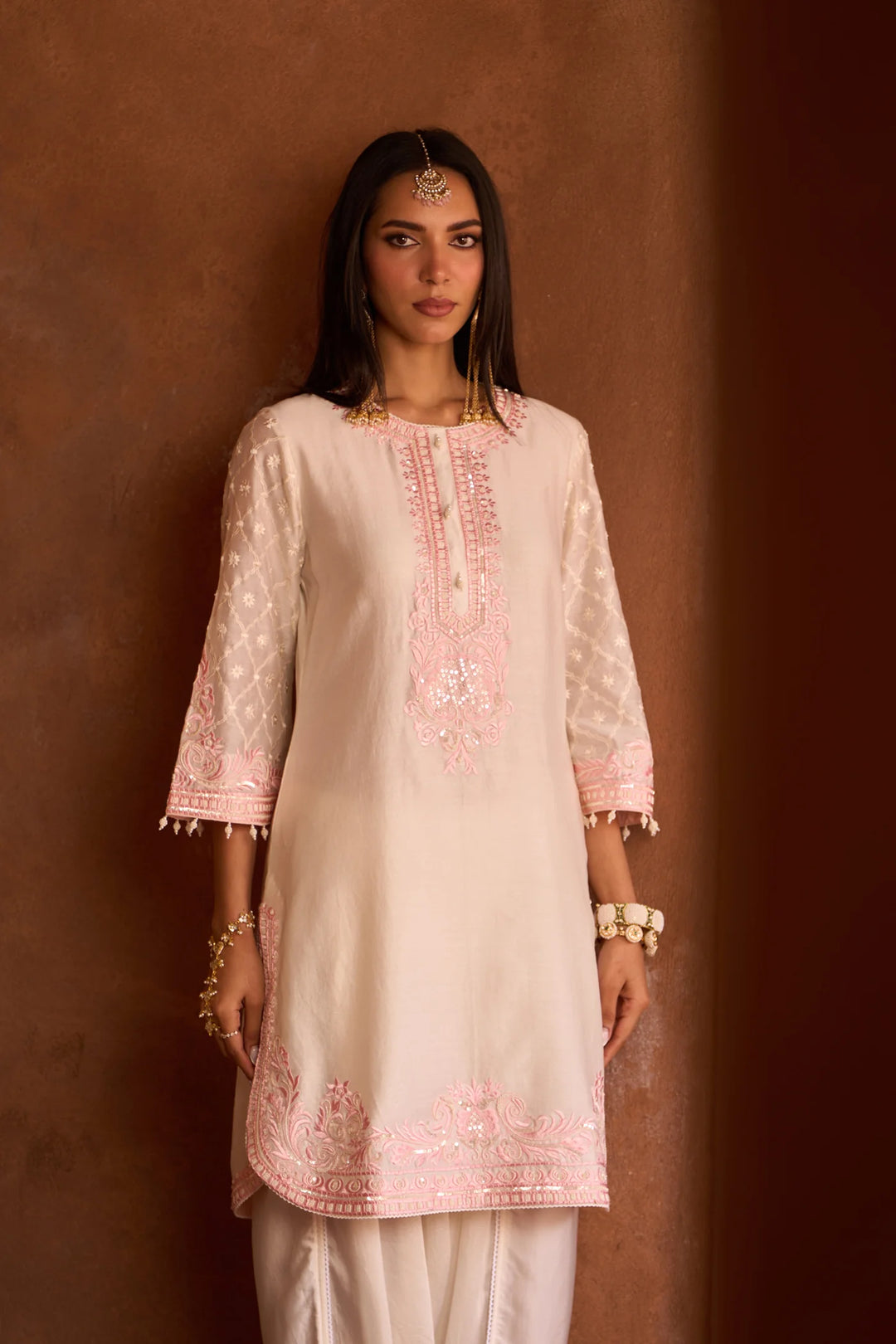 Ruhi - Daisy Ivory With Pink Short Kurta And Dhoti
