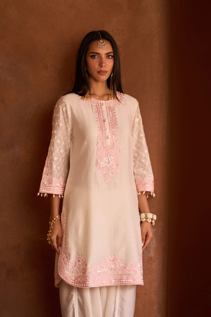 Ruhi - Daisy Ivory With Pink Short Kurta And Dhoti
